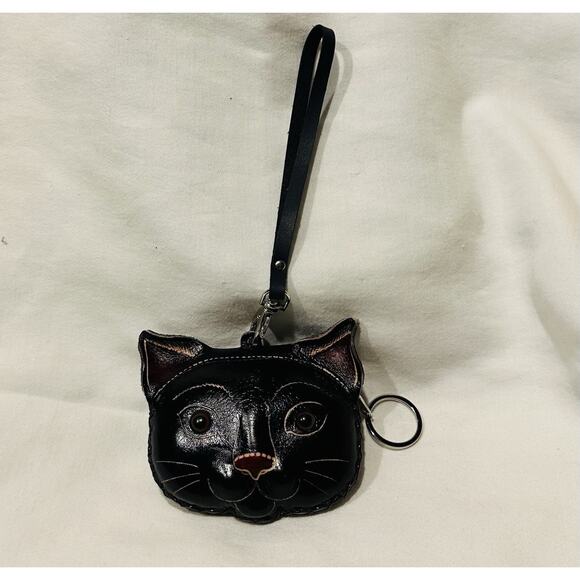 Black Cat Leather Wristlet Wallet Change Coin Purse Zip Closure Charm Kitten Pet - Picture 2 of 8